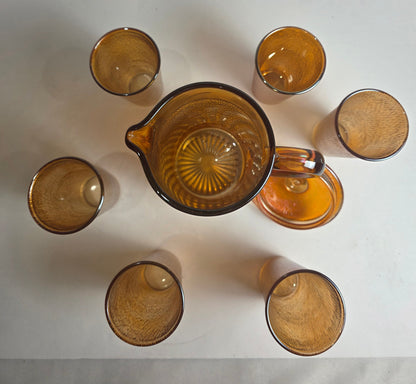 Vtg. Carnival Glass Pitcher/Glass Set (7)