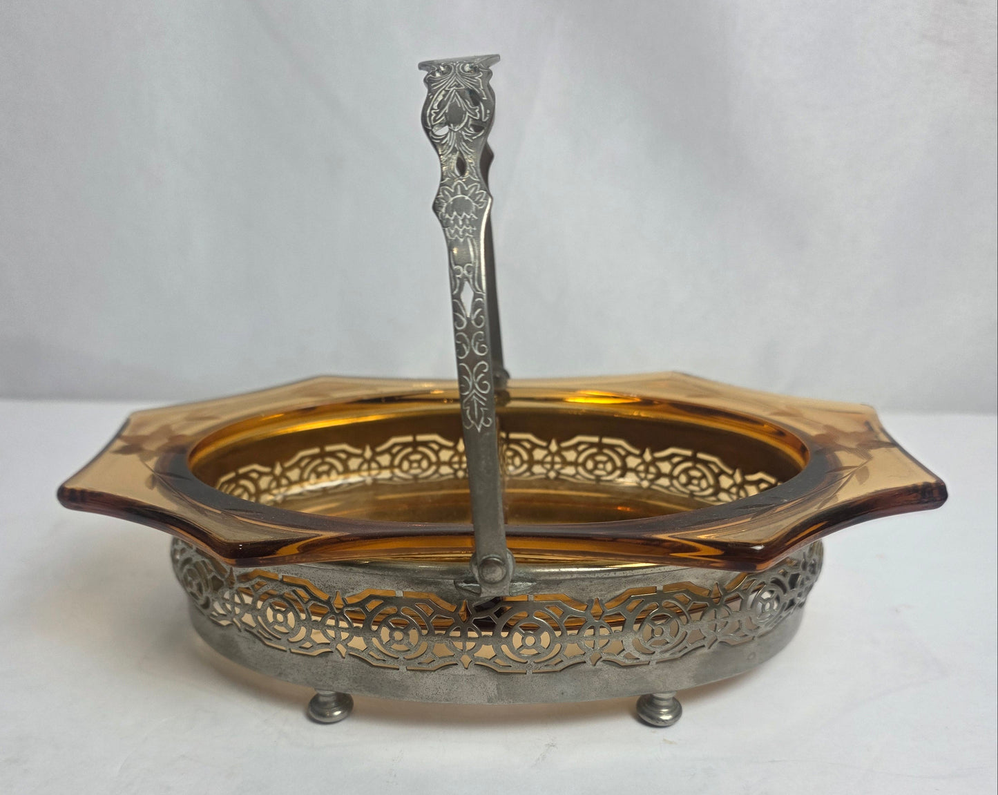 Vtg. Ornate Amber Glass Candy Dish