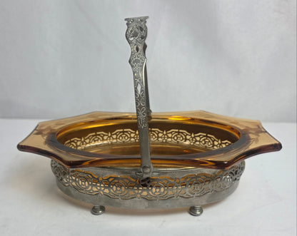 Vtg. Ornate Amber Glass Candy Dish