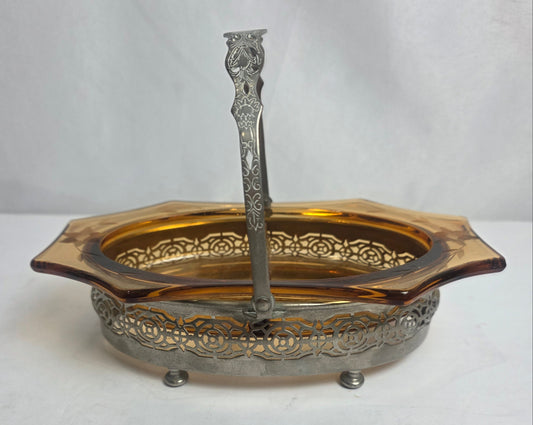 Vtg. Ornate Amber Glass Candy Dish