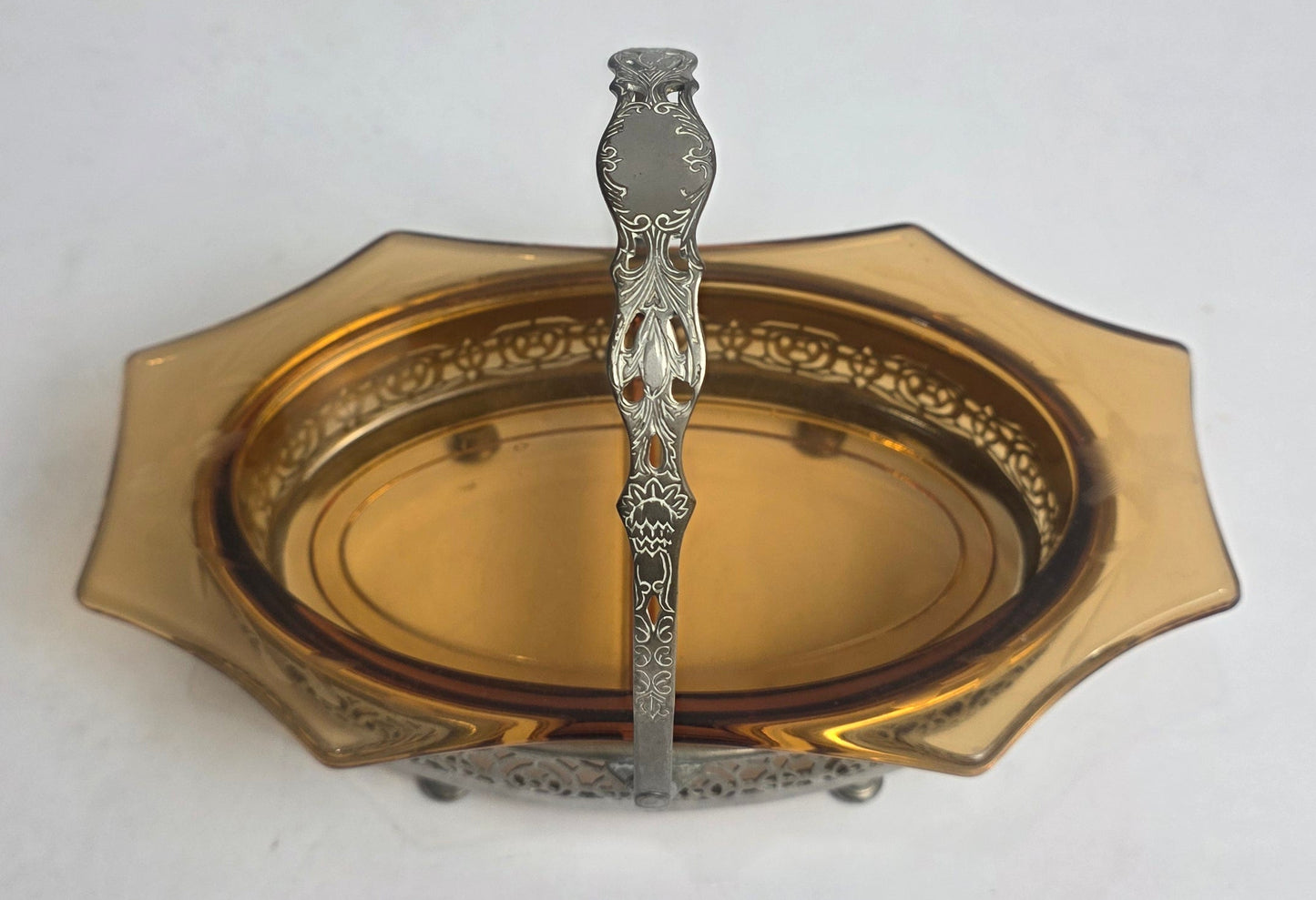 Vtg. Ornate Amber Glass Candy Dish