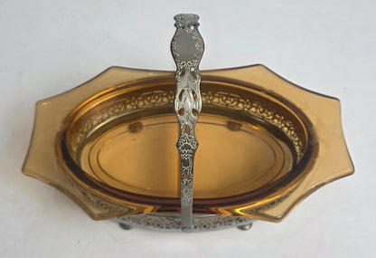 Vtg. Ornate Amber Glass Candy Dish