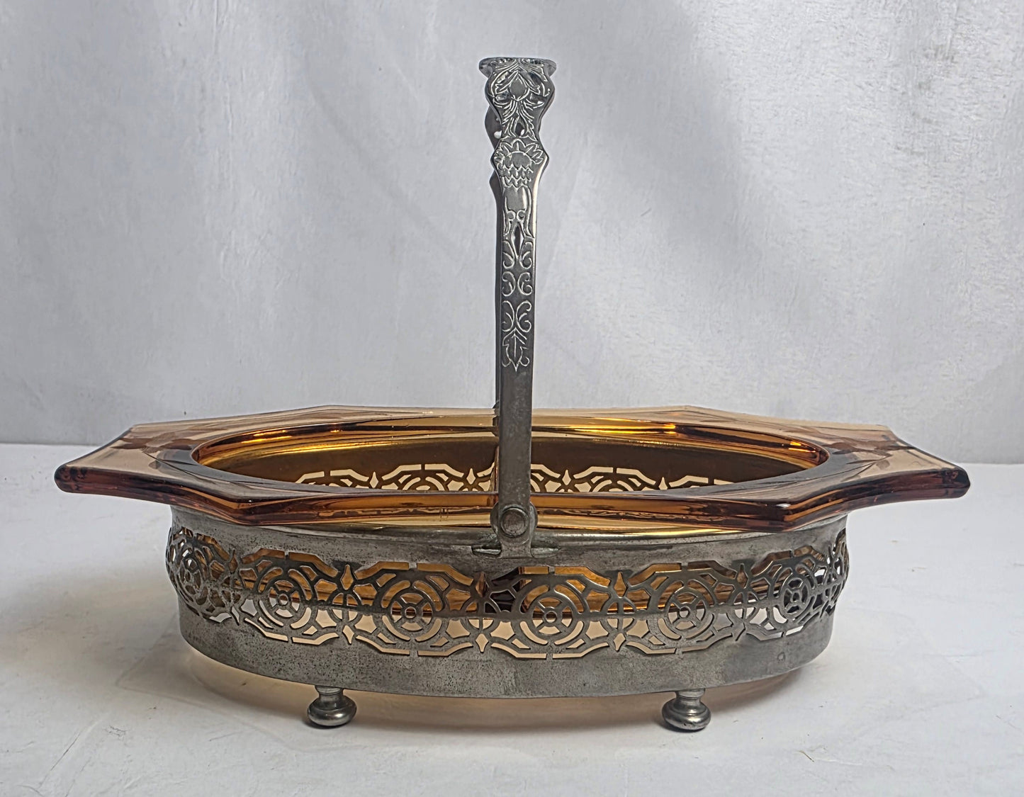 Vtg. Ornate Amber Glass Candy Dish