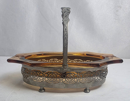Vtg. Ornate Amber Glass Candy Dish