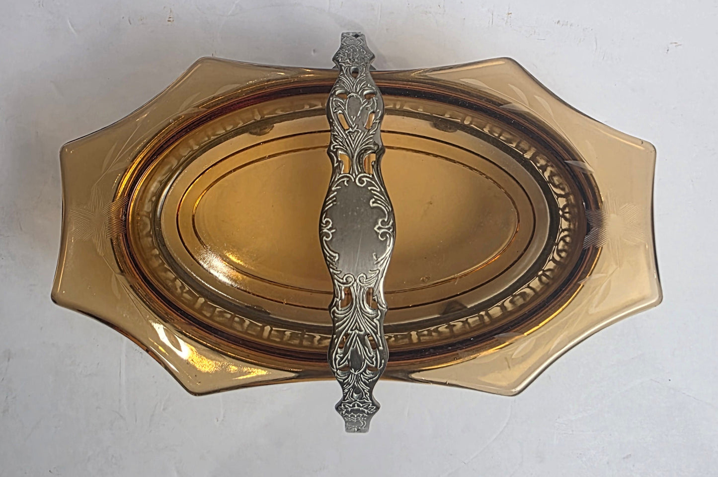 Vtg. Ornate Amber Glass Candy Dish