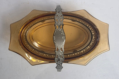 Vtg. Ornate Amber Glass Candy Dish