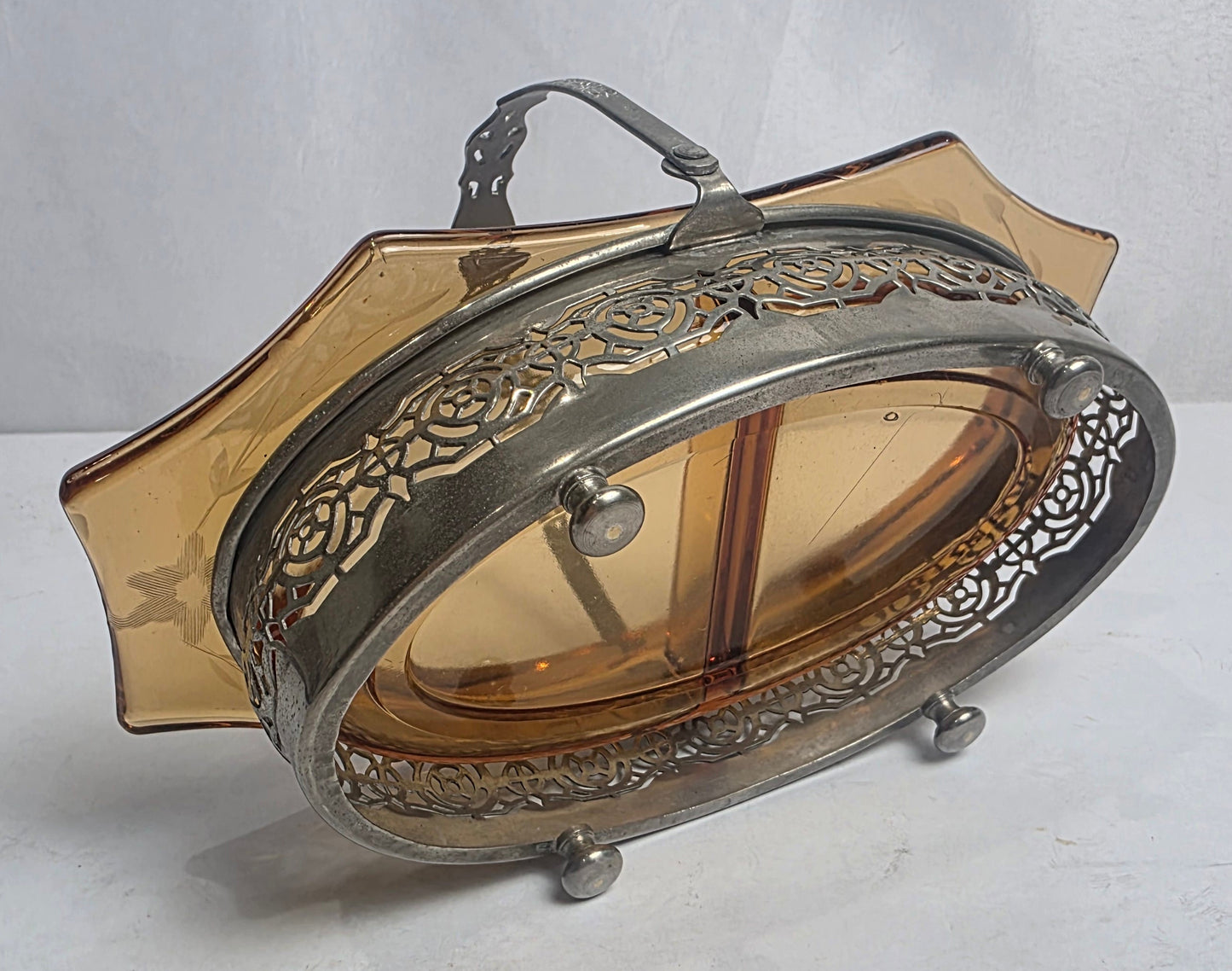 Vtg. Ornate Amber Glass Candy Dish