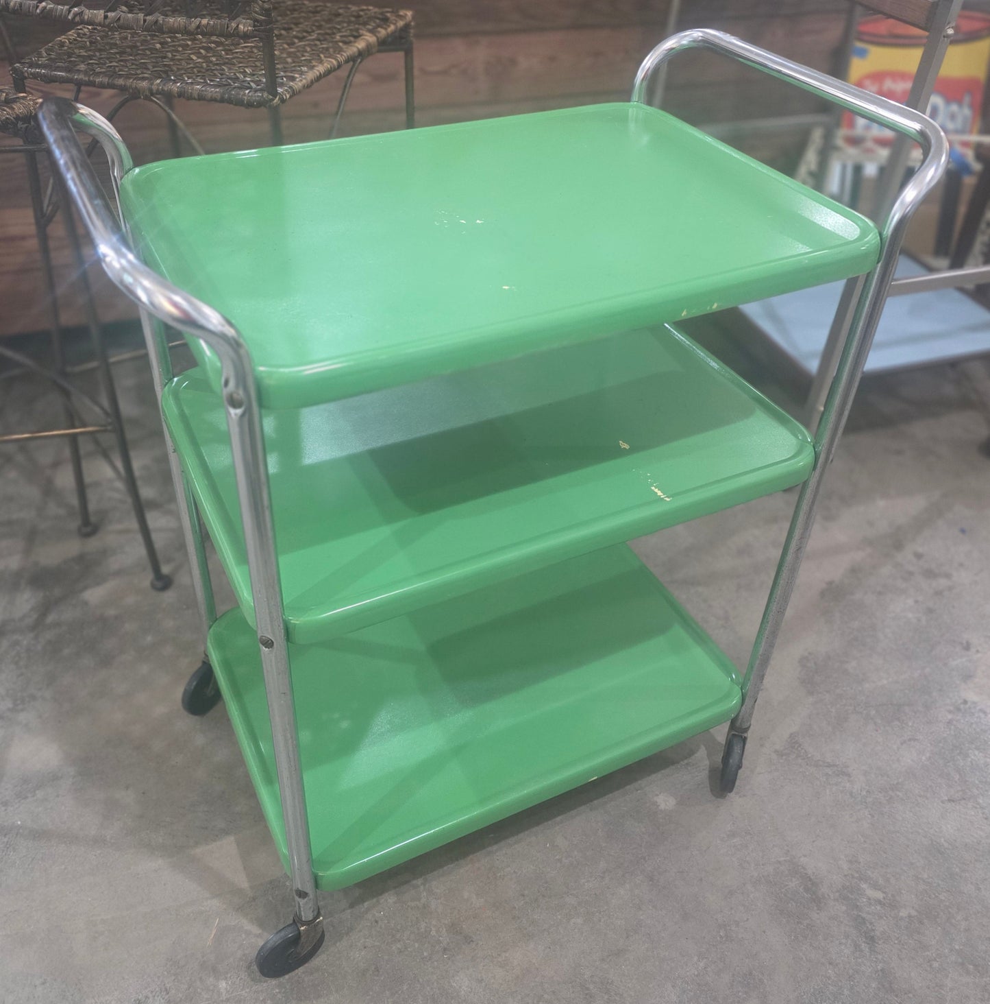 Vtg. Green MCM Bar Cart