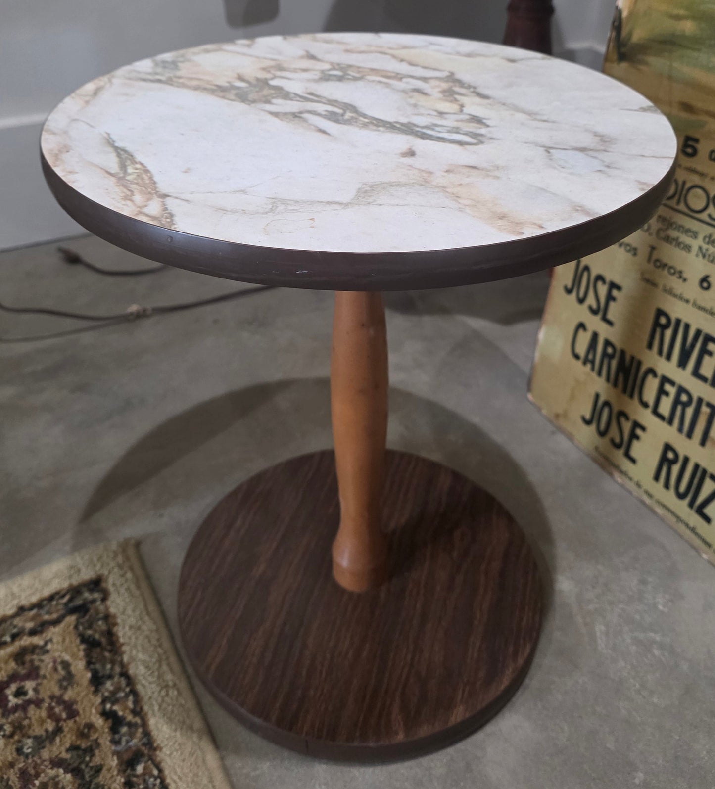 Vtg. Round Side Table w/ Marble-Patterned Top