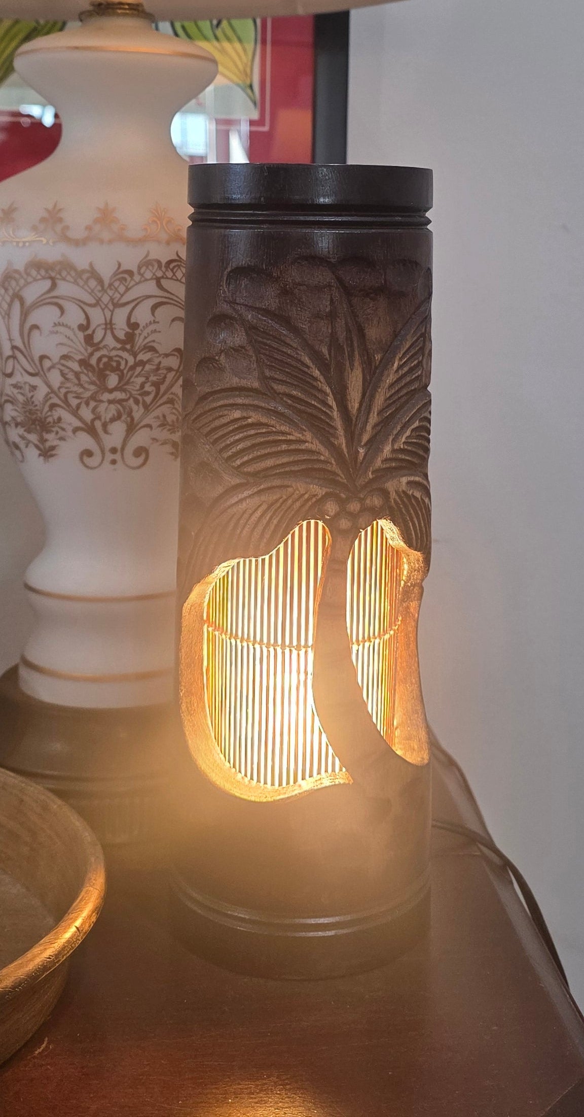 Vtg. Carved Mango Wood Tiki Lamp