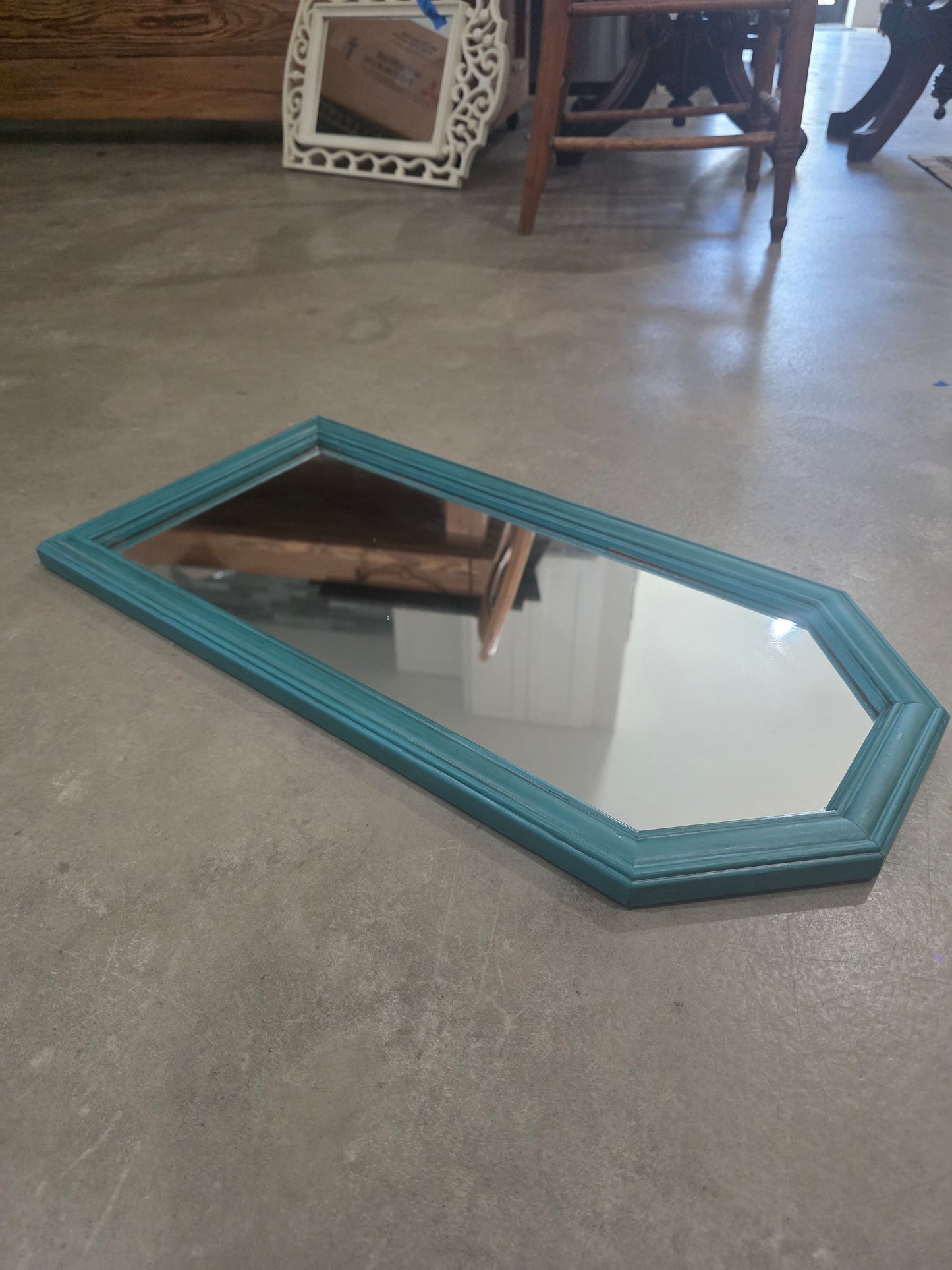Vtg. Teal Framed Mirror