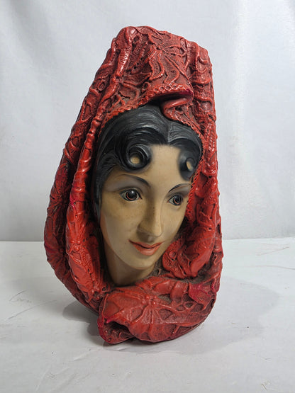 Vtg. 1966 Marwal Chalkware Lady Bust w/ Red Headdress