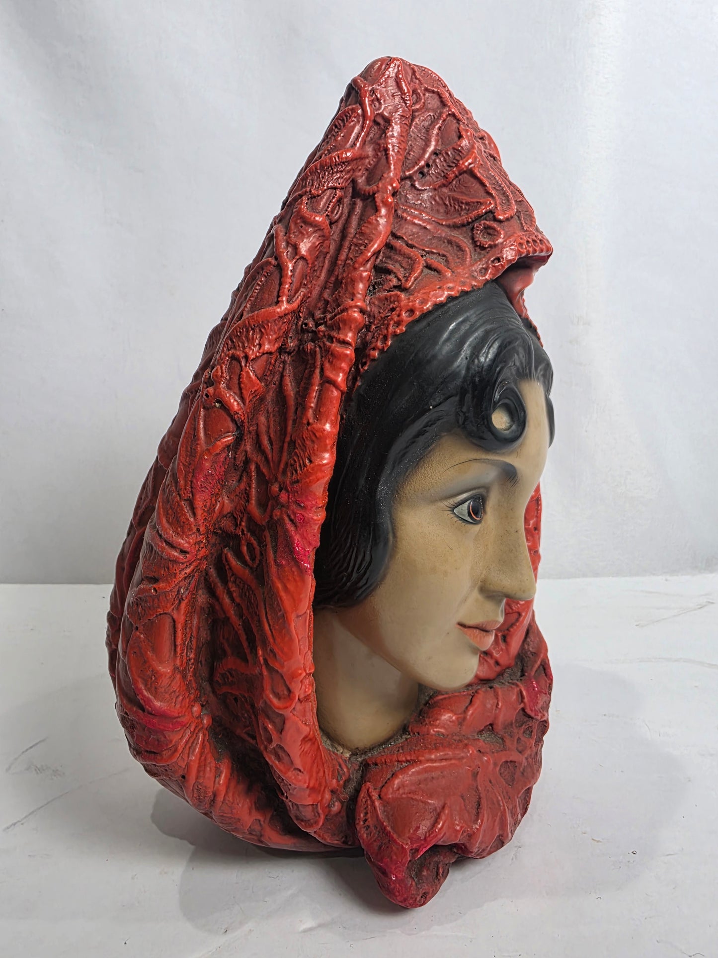 Vtg. 1966 Marwal Chalkware Lady Bust w/ Red Headdress