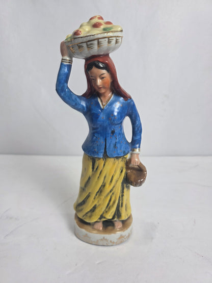Vtg. Japanese Hand-painted Woman w/ Basket Figurine