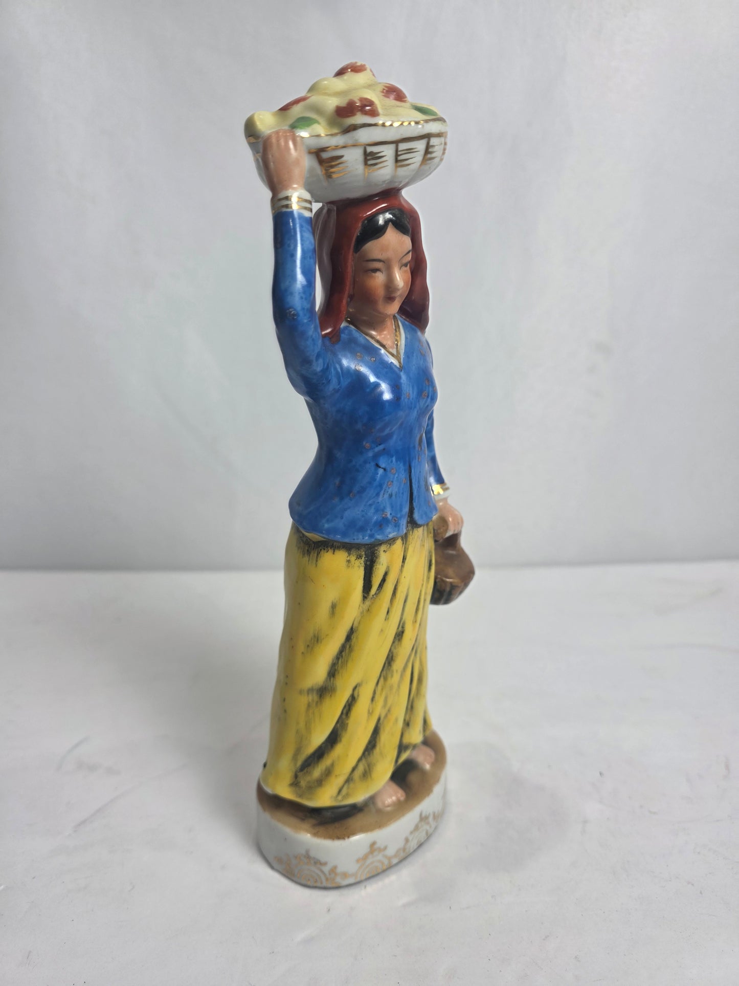 Vtg. Japanese Hand-painted Woman w/ Basket Figurine