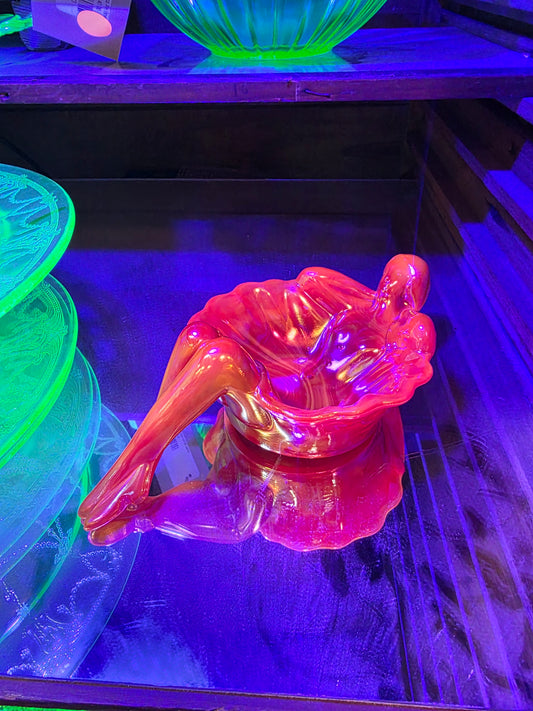 Vtg. UV Reactive Carnival Glass Nude Lady Dish