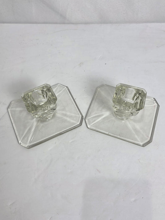 Set of 2 Antq. Art Deco Glass Candlestick Holders