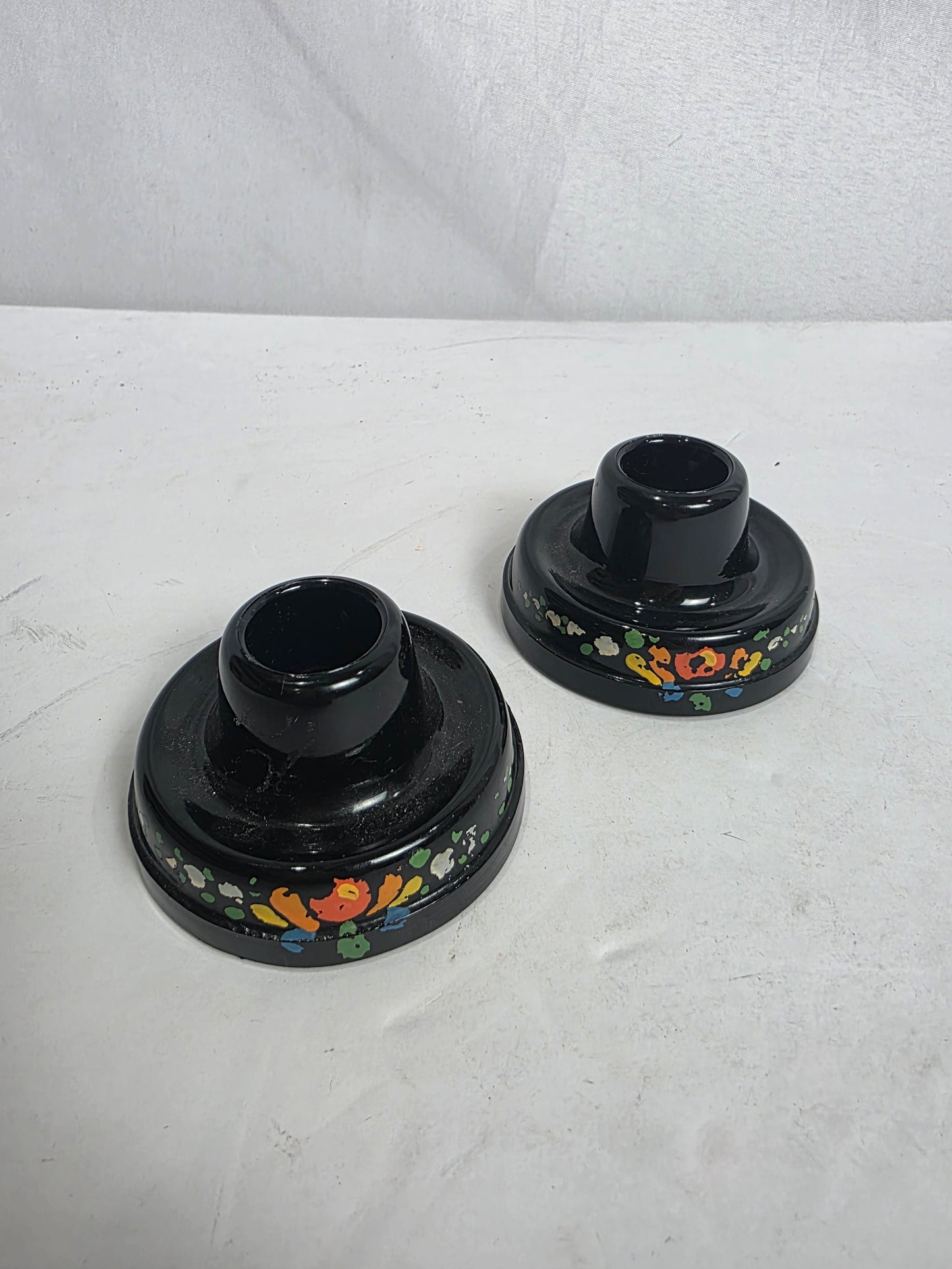 Set of 2 Vtg. Enameled Black Glass Candlestick Holders