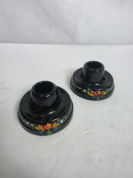 Set of 2 Vtg. Enameled Black Glass Candlestick Holders