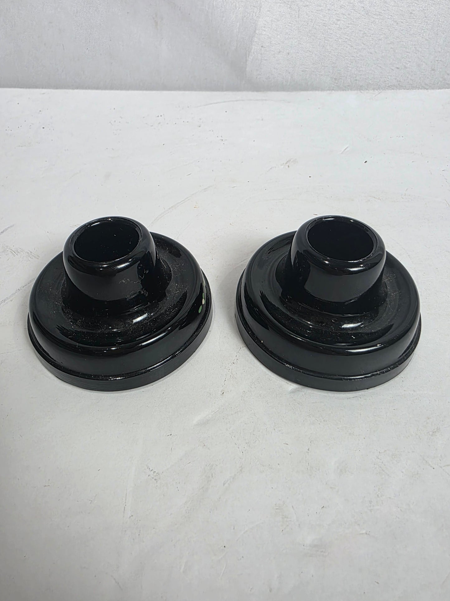 Set of 2 Vtg. Enameled Black Glass Candlestick Holders