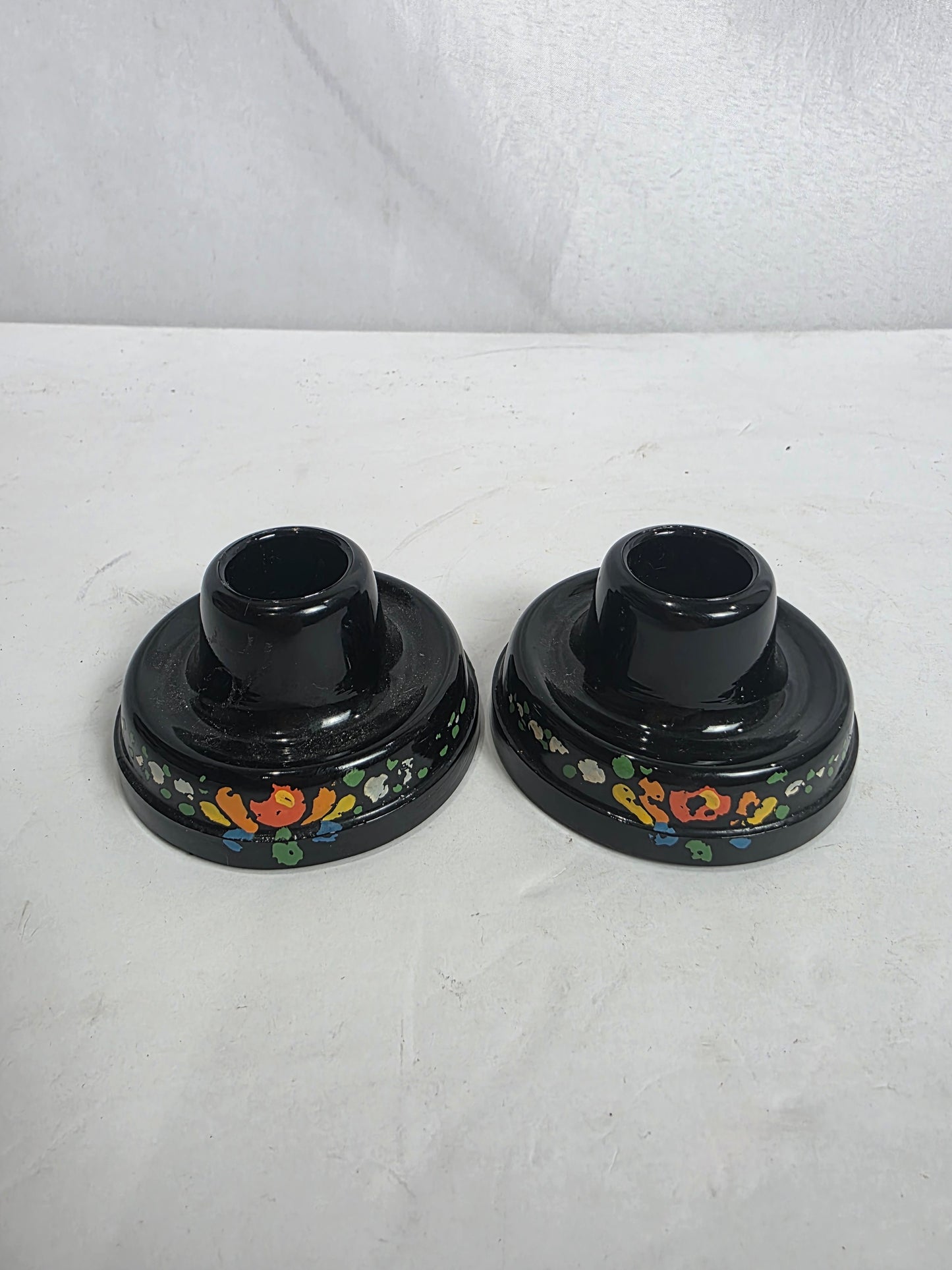 Set of 2 Vtg. Enameled Black Glass Candlestick Holders