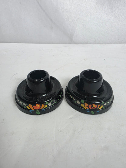 Set of 2 Vtg. Enameled Black Glass Candlestick Holders