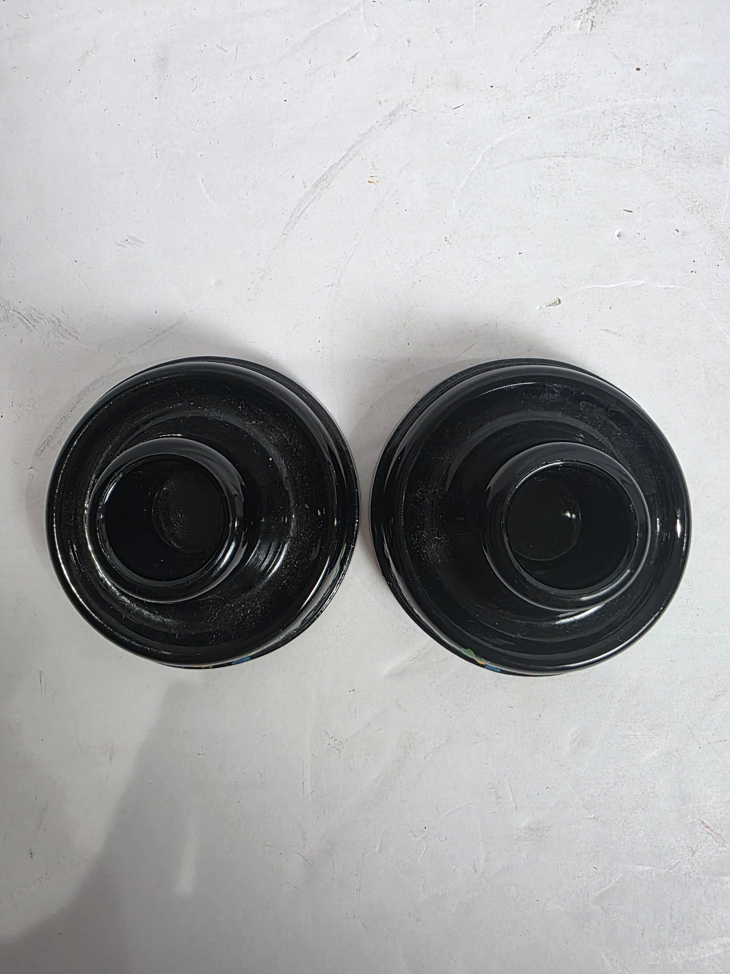 Set of 2 Vtg. Enameled Black Glass Candlestick Holders