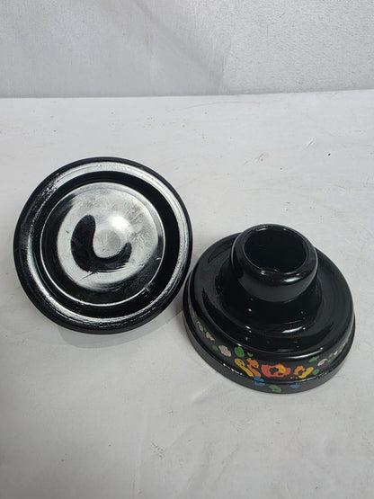 Set of 2 Vtg. Enameled Black Glass Candlestick Holders