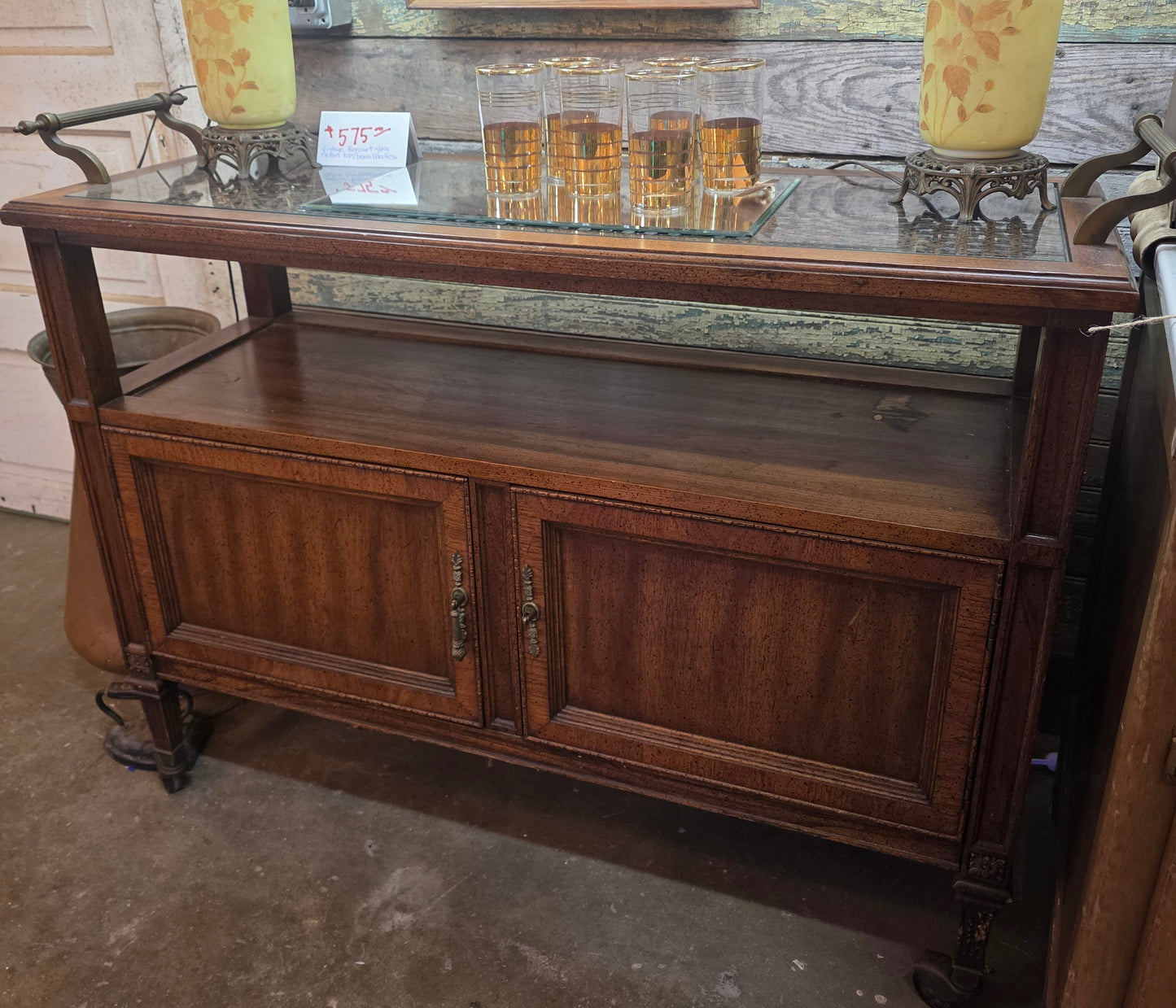 Vtg. Bar Cart w Glass/Rattan Top