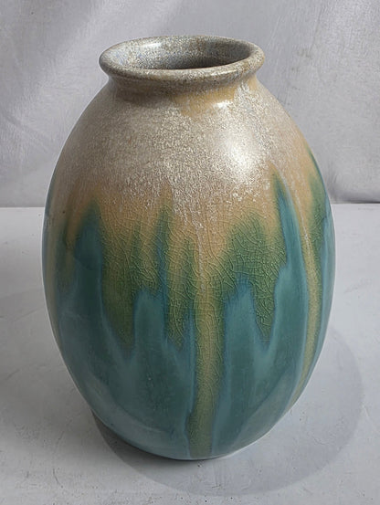 Vtg. Drip Glaze Aqua/Cream Ceramic Vase