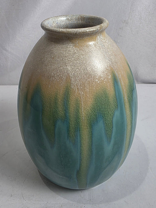 Vtg. Drip Glaze Aqua/Cream Ceramic Vase