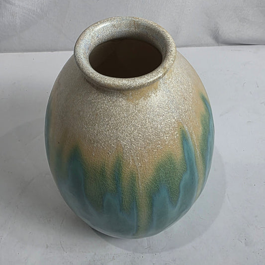 Vtg. Drip Glaze Aqua/Cream Ceramic Vase