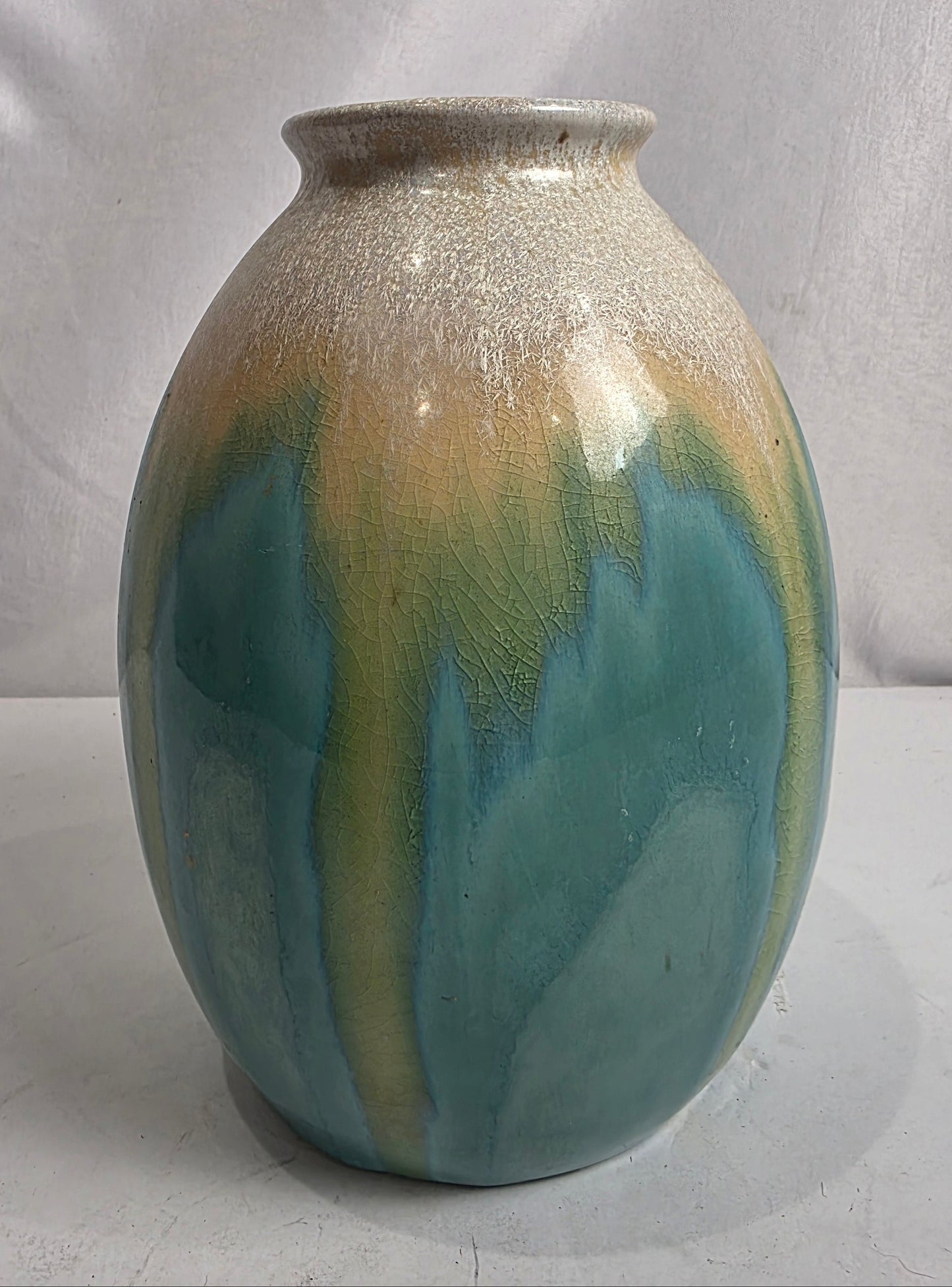 Vtg. Drip Glaze Aqua/Cream Ceramic Vase