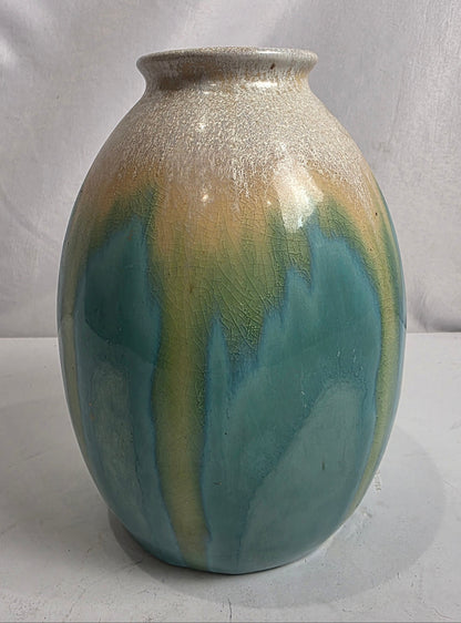 Vtg. Drip Glaze Aqua/Cream Ceramic Vase