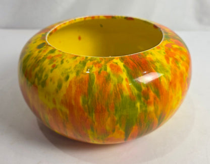 Vtg. CA Pottery Orange/Green/Yellow Speckled Bowl