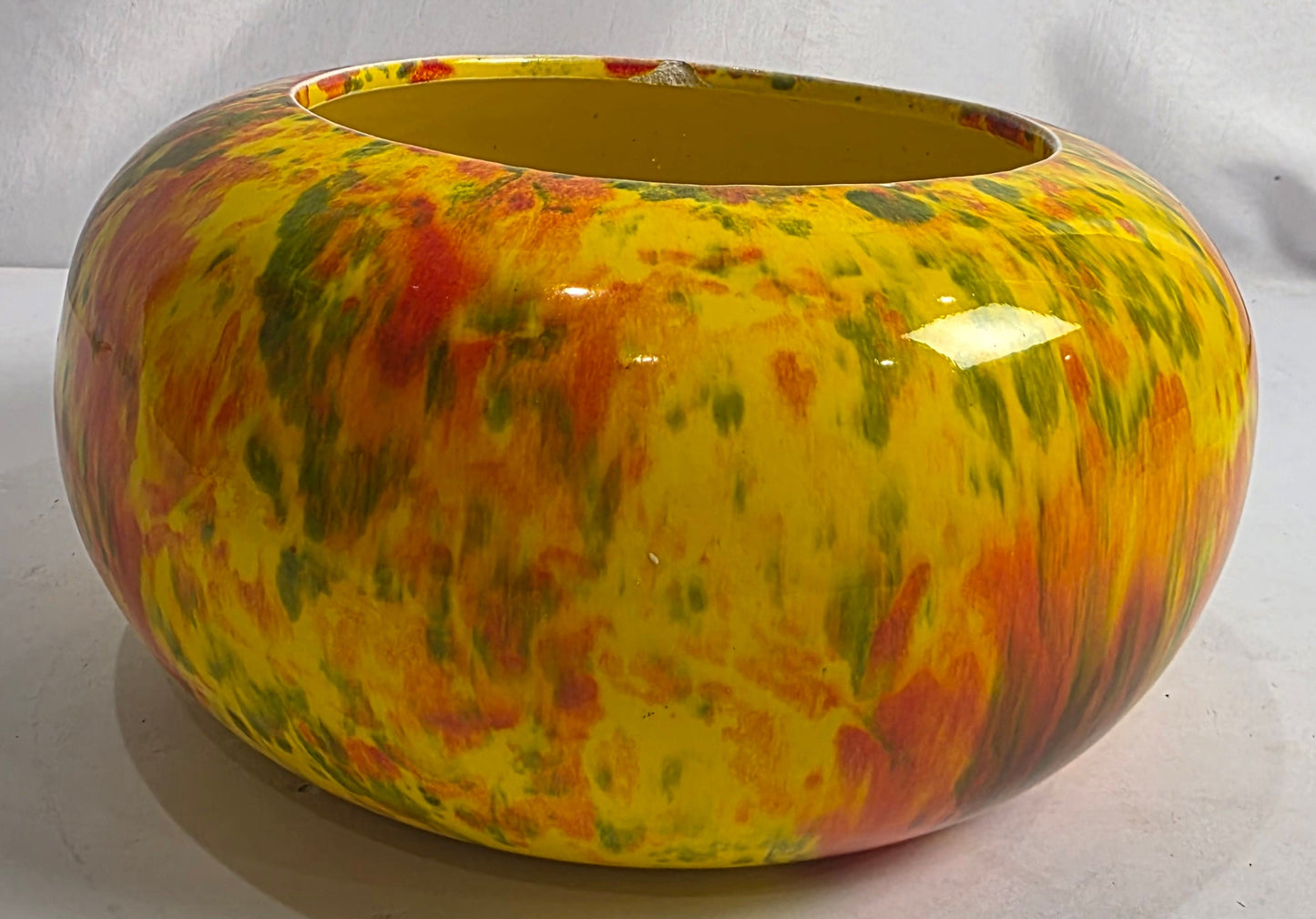 Vtg. CA Pottery Orange/Green/Yellow Speckled Bowl