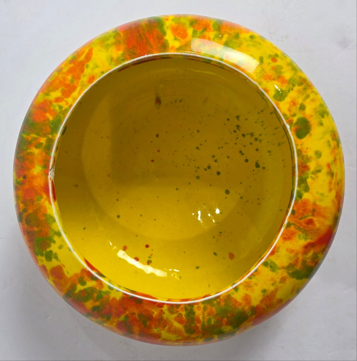 Vtg. CA Pottery Orange/Green/Yellow Speckled Bowl