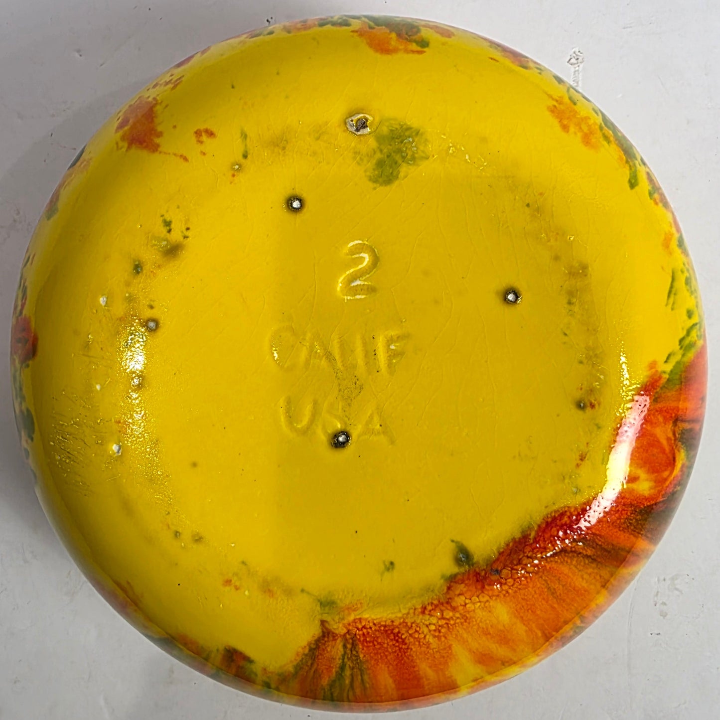 Vtg. CA Pottery Orange/Green/Yellow Speckled Bowl
