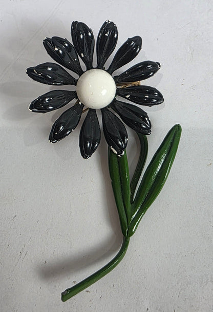 Vtg. MCM Black Enamel Daisy Flower Brooch