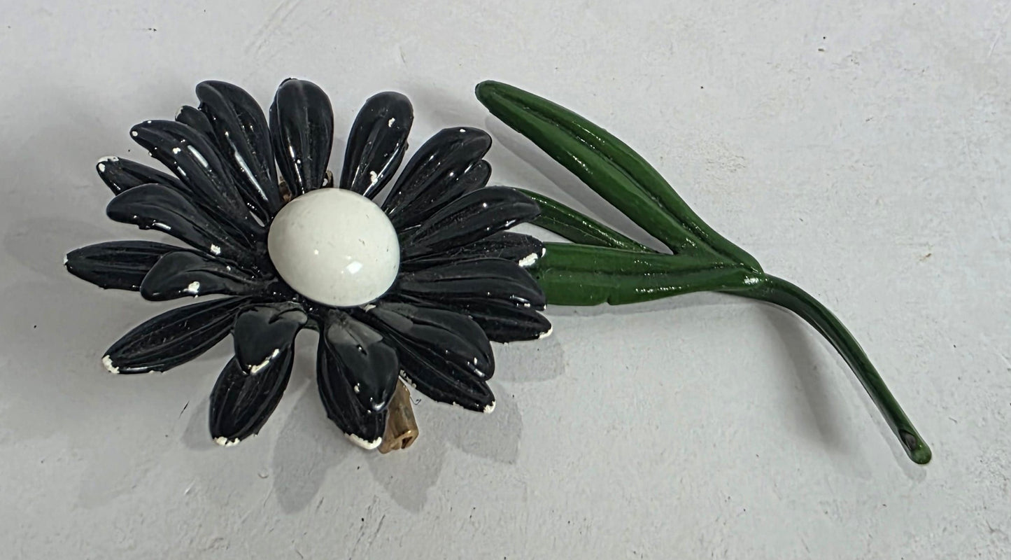 Vtg. MCM Black Enamel Daisy Flower Brooch