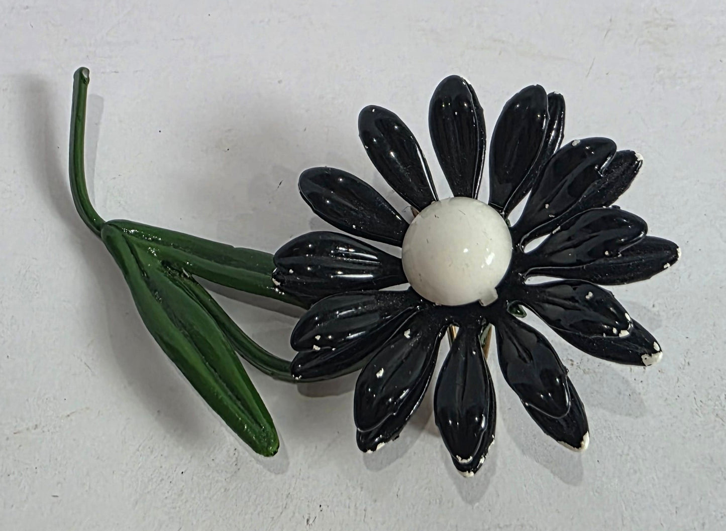 Vtg. MCM Black Enamel Daisy Flower Brooch