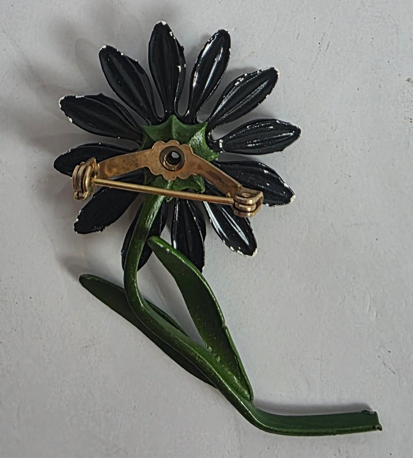 Vtg. MCM Black Enamel Daisy Flower Brooch