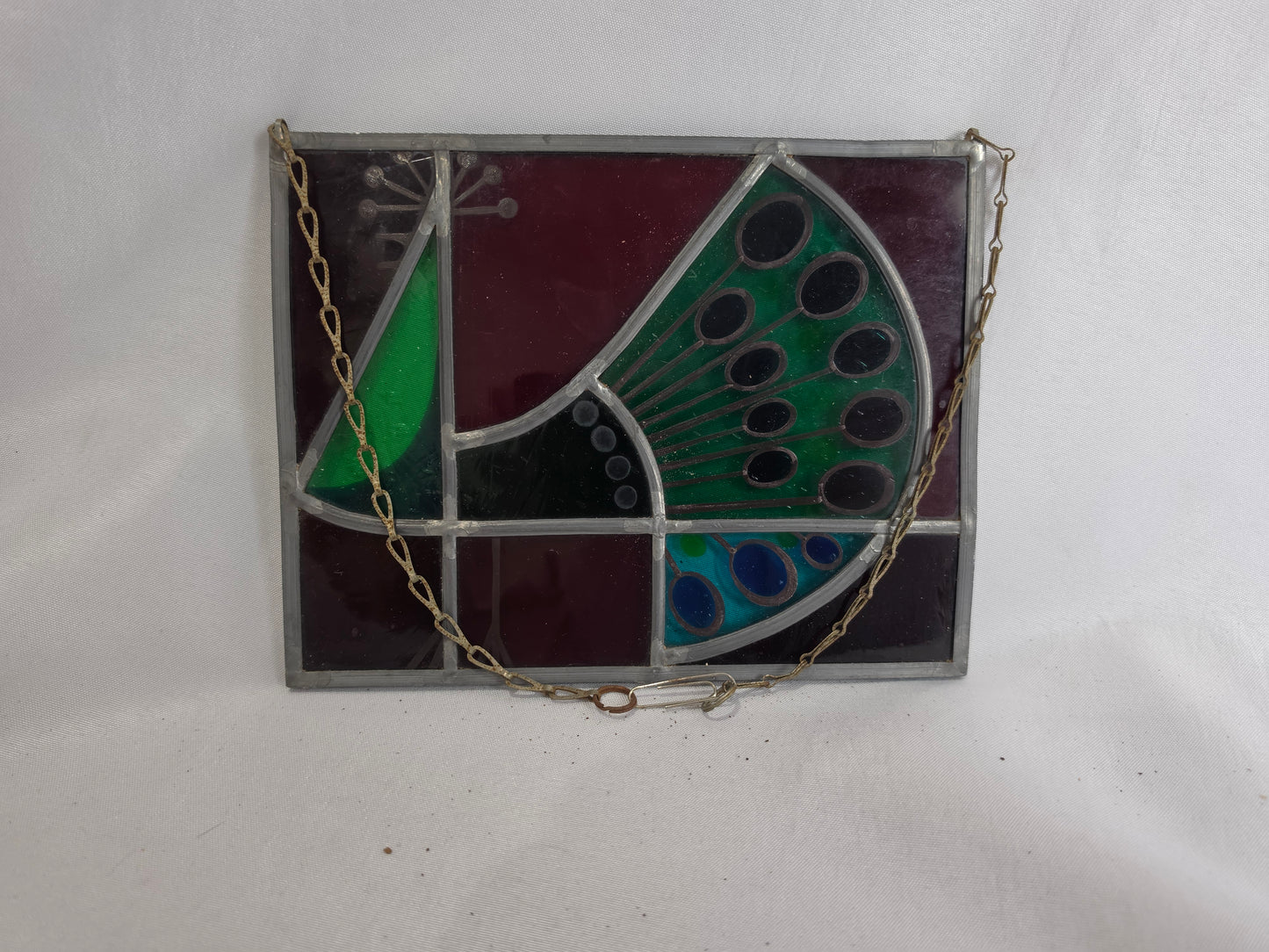 1960s Vtg. Tiffany- styled stained-glass panel featuring a peacock CSHW