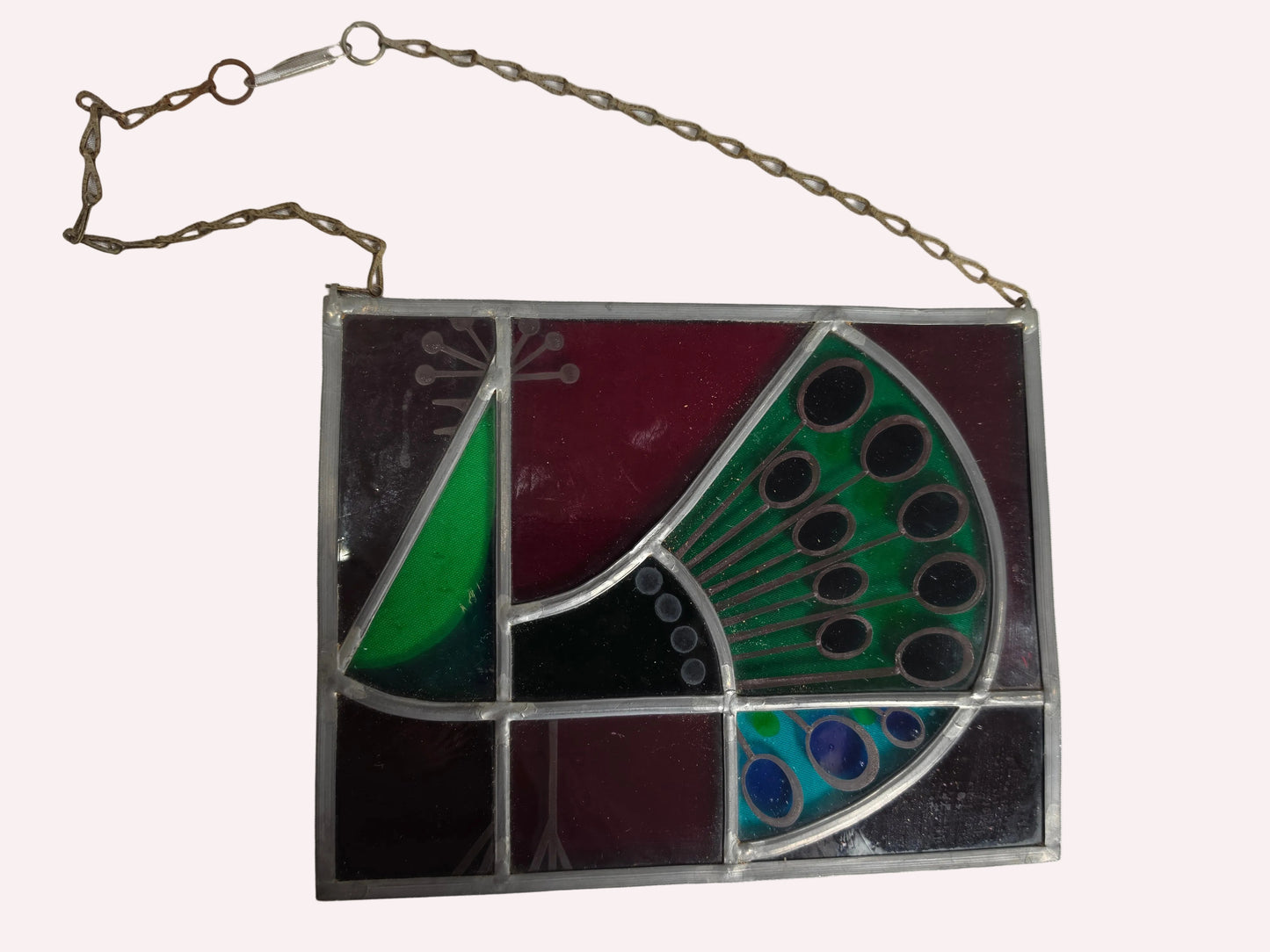 1960s Vtg. Tiffany- styled stained-glass panel featuring a peacock CSHW