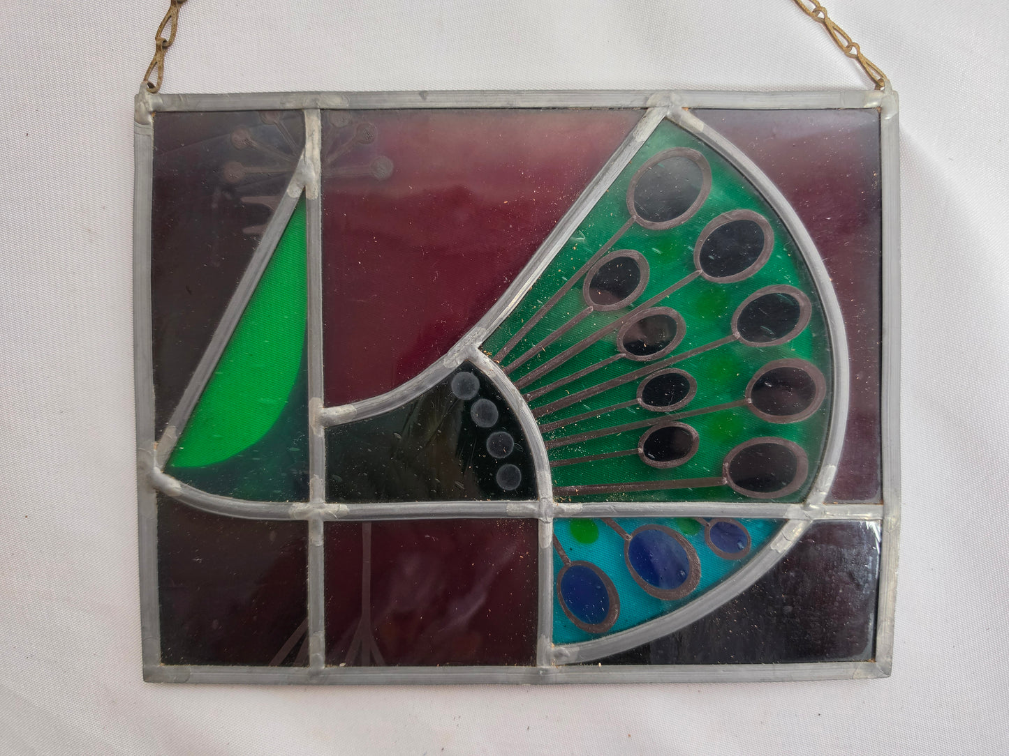 1960s Vtg. Tiffany- styled stained-glass panel featuring a peacock CSHW