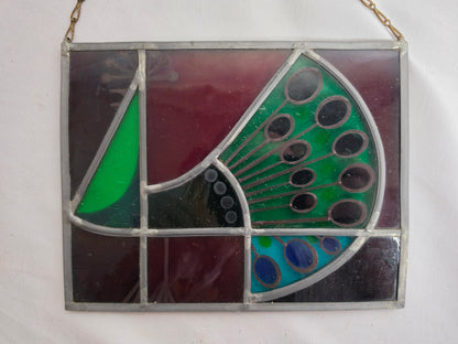 1960s Vtg. Tiffany- styled stained-glass panel featuring a peacock CSHW
