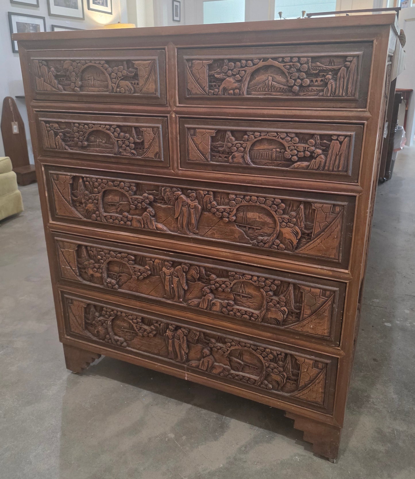 Vtg. Chinese Camphor Wood Carved Relief Chest of Drawers