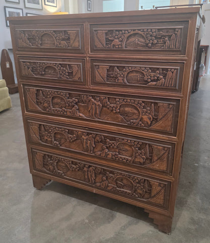 Vtg. Chinese Camphor Wood Carved Relief Chest of Drawers