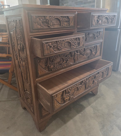 Vtg. Chinese Camphor Wood Carved Relief Chest of Drawers