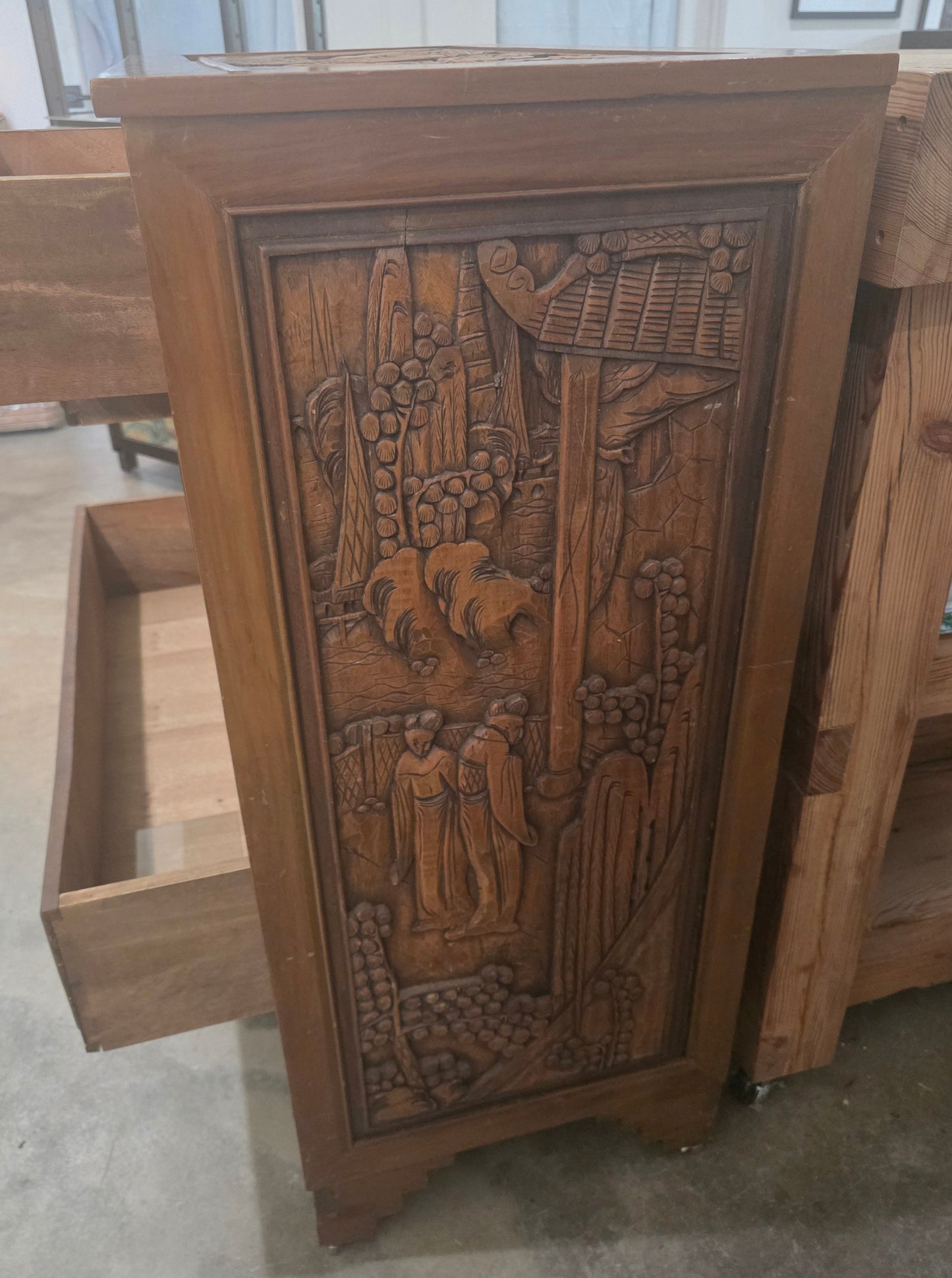 Vtg. Chinese Camphor Wood Carved Relief Chest of Drawers
